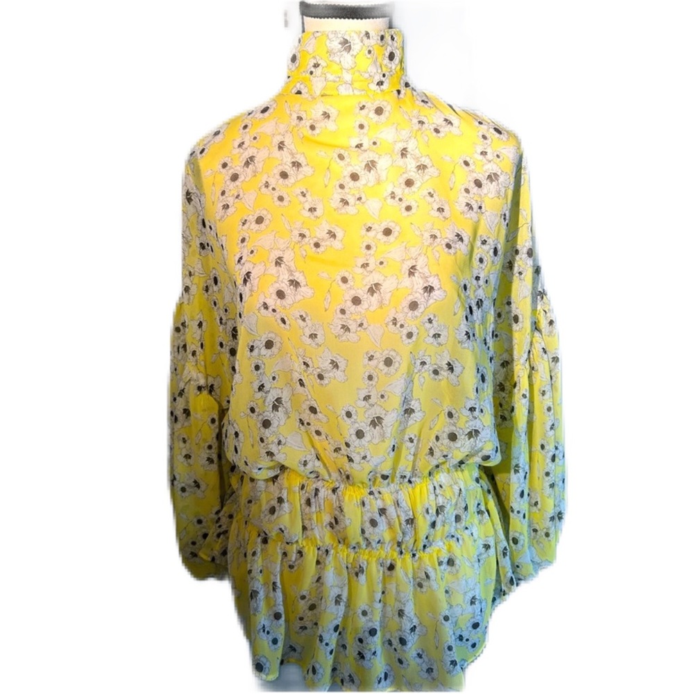 ZARA Chiffon Floral Yellow Women's Blouse with Clinched Waist Medium